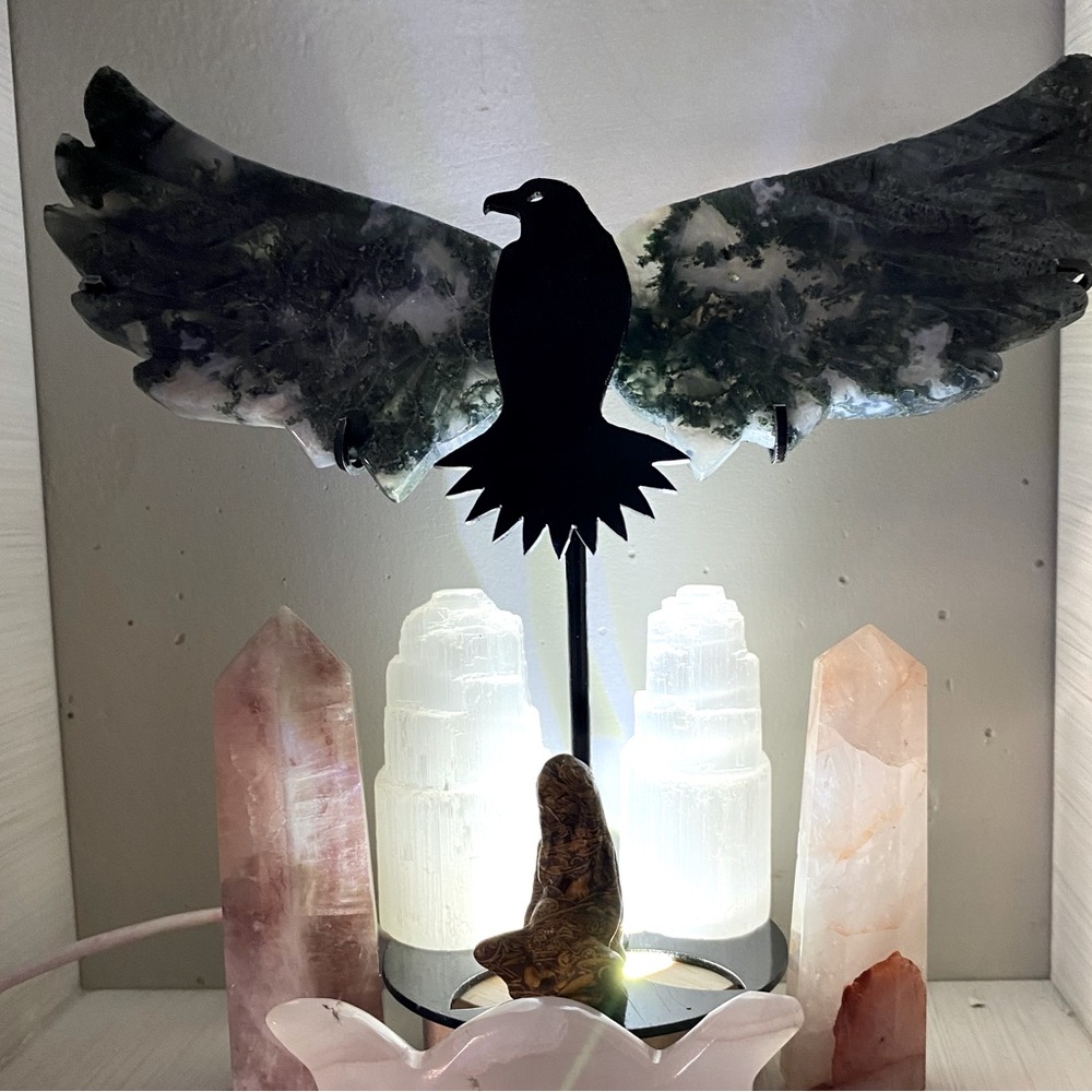Beautiful Moss Agate Raven wings with stand.